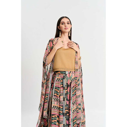 KOSWI Multi Coloured Geometric Print Lehenga with Blouse and Cape (Set of 3)