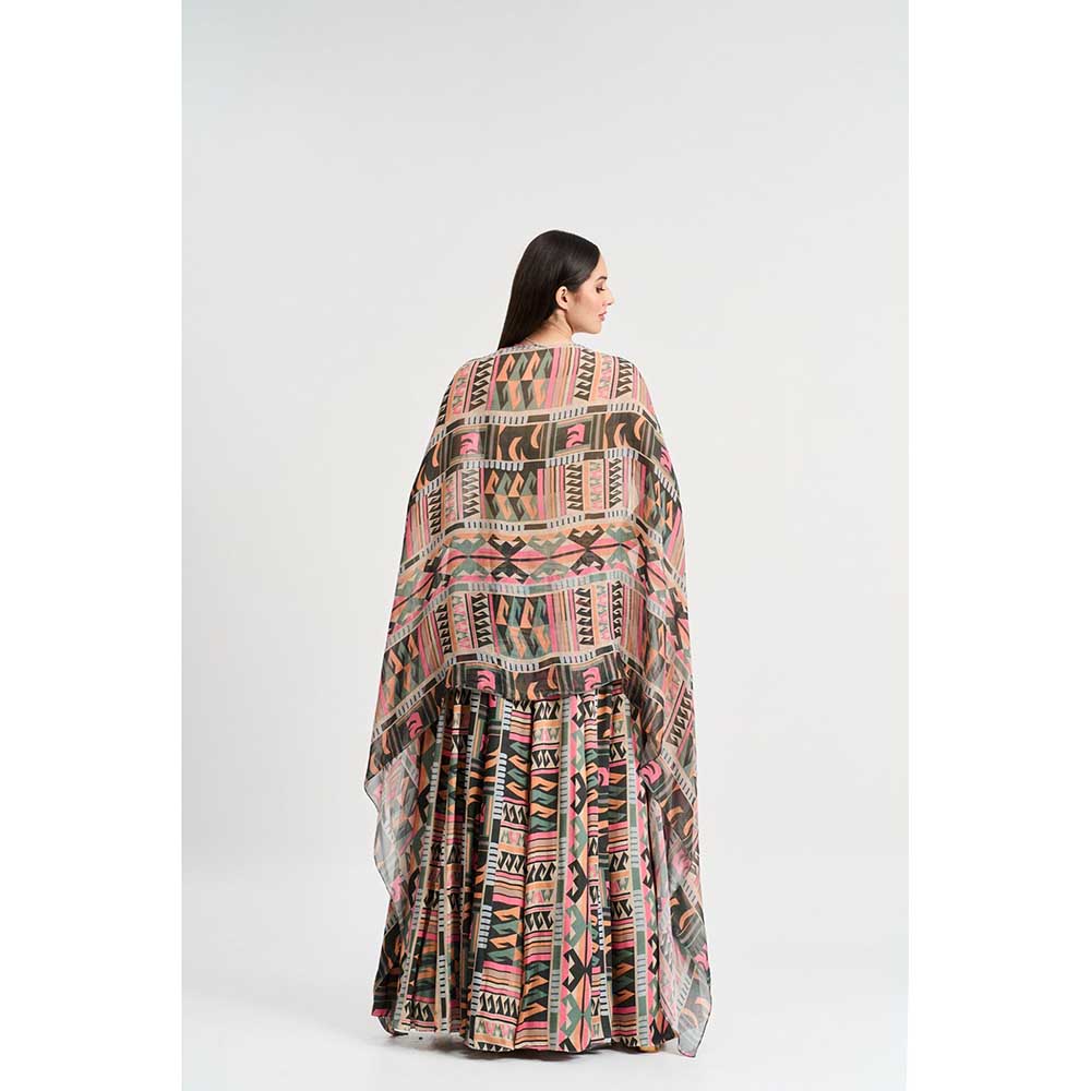 KOSWI Multi Coloured Geometric Print Lehenga with Blouse and Cape (Set of 3)