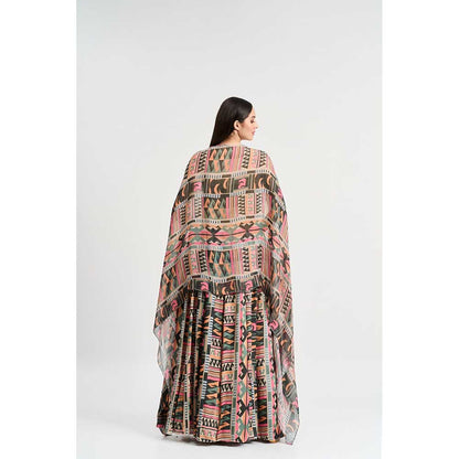 KOSWI Multi Coloured Geometric Print Lehenga with Blouse and Cape (Set of 3)