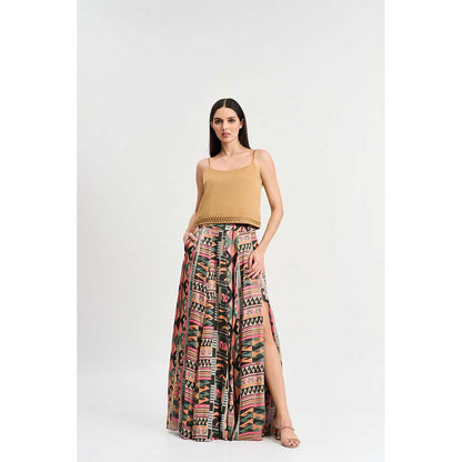 KOSWI Multi Coloured Geometric Print Lehenga with Blouse and Cape (Set of 3)
