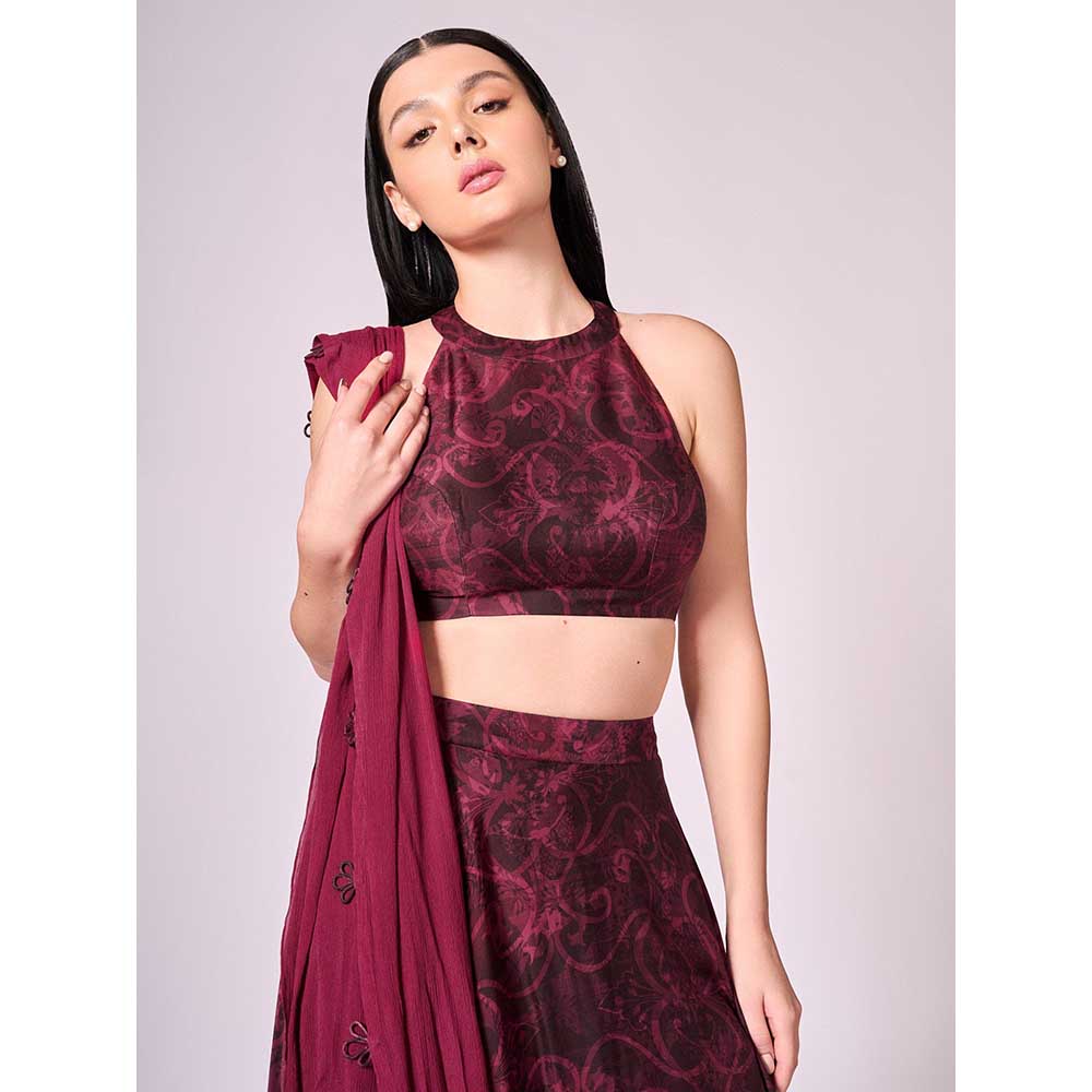 KOSWI Maroon Cherry Print Lehenga with Blouse and Dupatta (Set of 3)