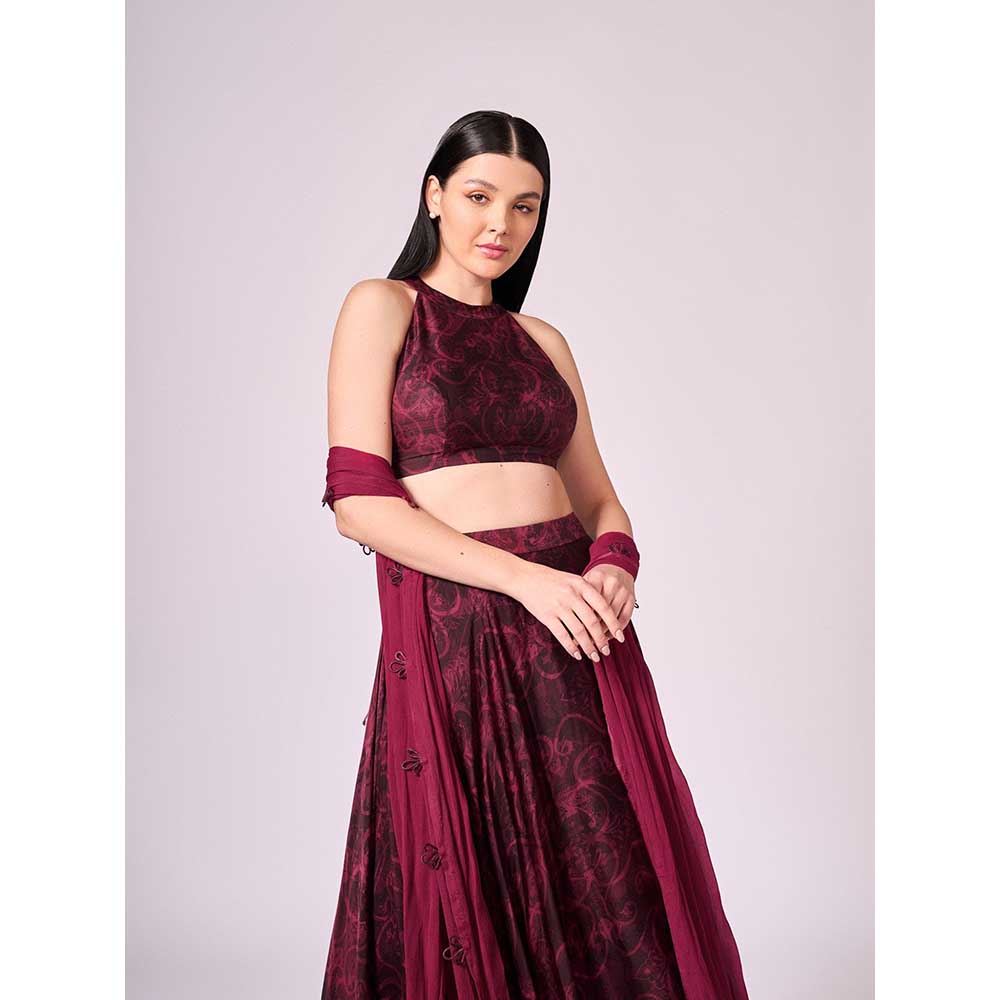 KOSWI Maroon Cherry Print Lehenga with Blouse and Dupatta (Set of 3)