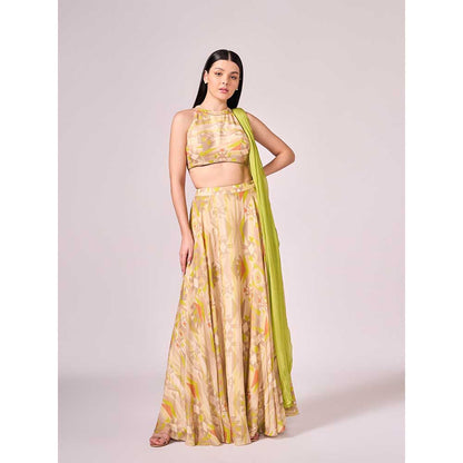 KOSWI Yellow Geometric Print Lehenga with Blouse and Dupatta (Set of 3)