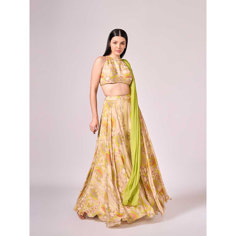 KOSWI Yellow Geometric Print Lehenga with Blouse and Dupatta (Set of 3)