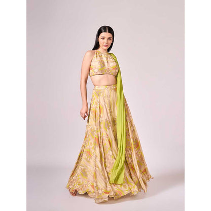 KOSWI Yellow Geometric Print Lehenga with Blouse and Dupatta (Set of 3)