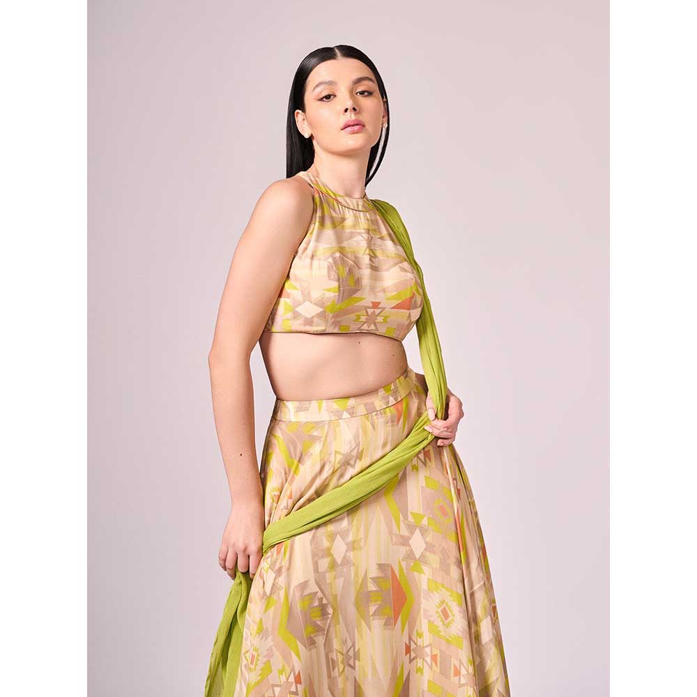 KOSWI Yellow Geometric Print Lehenga with Blouse and Dupatta (Set of 3)