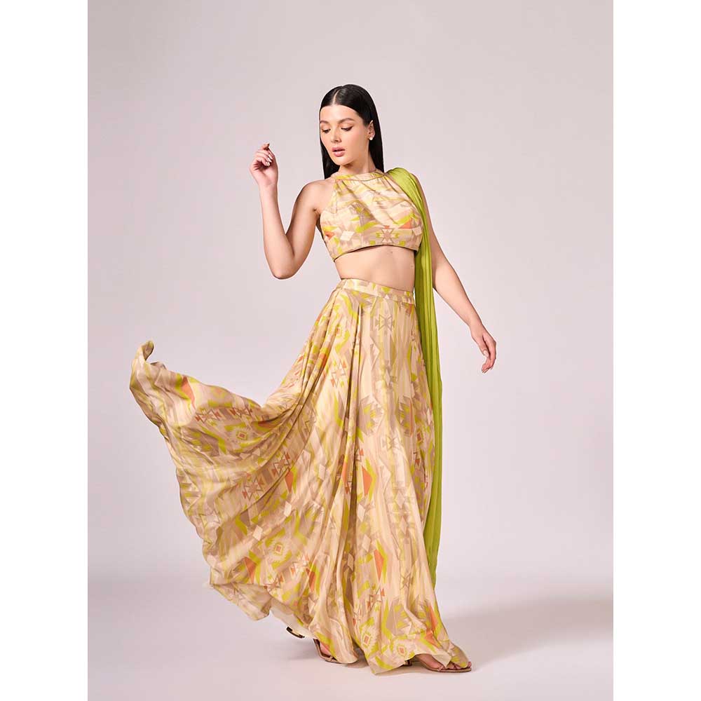KOSWI Yellow Geometric Print Lehenga with Blouse and Dupatta (Set of 3)
