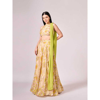 KOSWI Yellow Geometric Print Lehenga with Blouse and Dupatta (Set of 3)