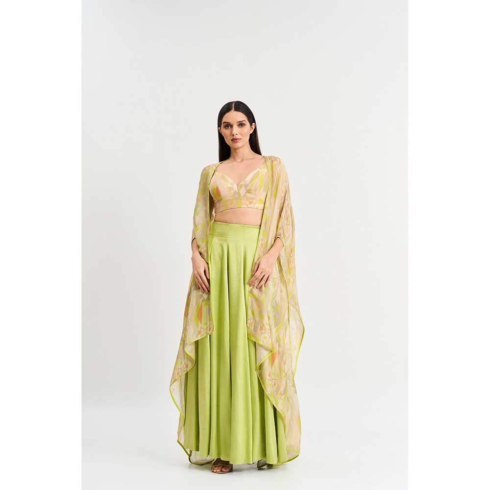 KOSWI Lime Green Geometric Print Lehenga with Blouse and Cape (Set of 3)