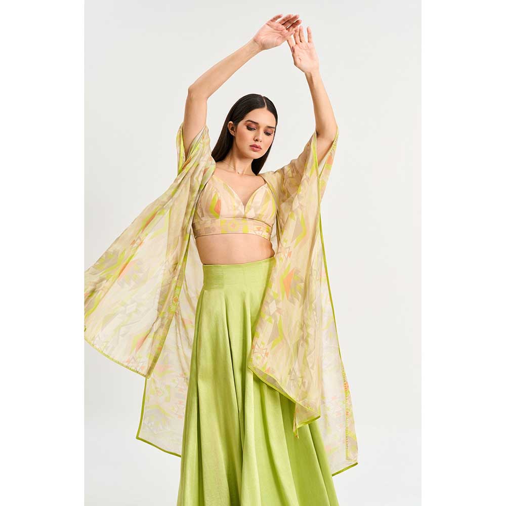 KOSWI Lime Green Geometric Print Lehenga with Blouse and Cape (Set of 3)