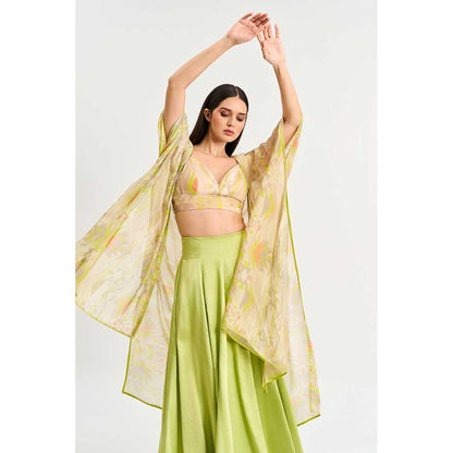 KOSWI Lime Green Geometric Print Lehenga with Blouse and Cape (Set of 3)