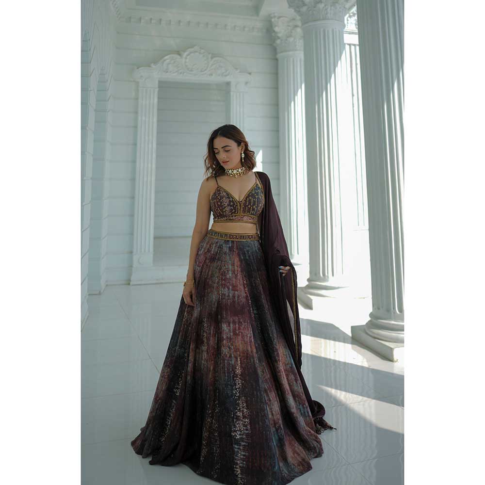 KOSWI Brown Print Embroidered Lehenga with Blouse and Dupatta (Set of 3)