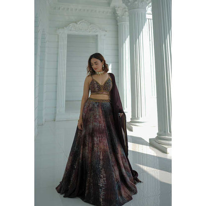 KOSWI Brown Print Embroidered Lehenga with Blouse and Dupatta (Set of 3)
