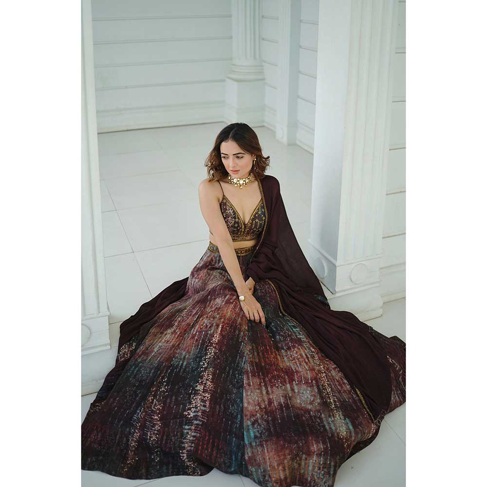 KOSWI Brown Print Embroidered Lehenga with Blouse and Dupatta (Set of 3)