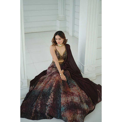 KOSWI Brown Print Embroidered Lehenga with Blouse and Dupatta (Set of 3)