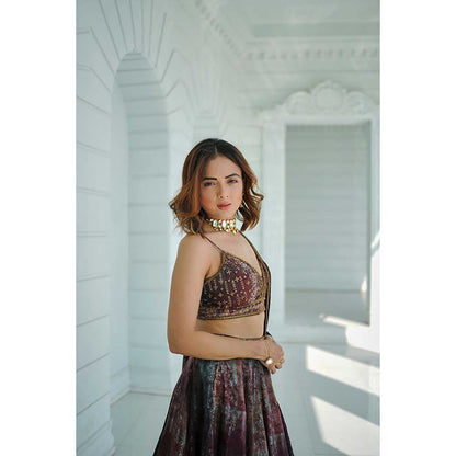 KOSWI Brown Print Embroidered Lehenga with Blouse and Dupatta (Set of 3)