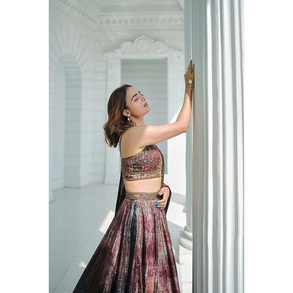 KOSWI Brown Print Embroidered Lehenga with Blouse and Dupatta (Set of 3)