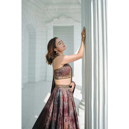 KOSWI Brown Print Embroidered Lehenga with Blouse and Dupatta (Set of 3)