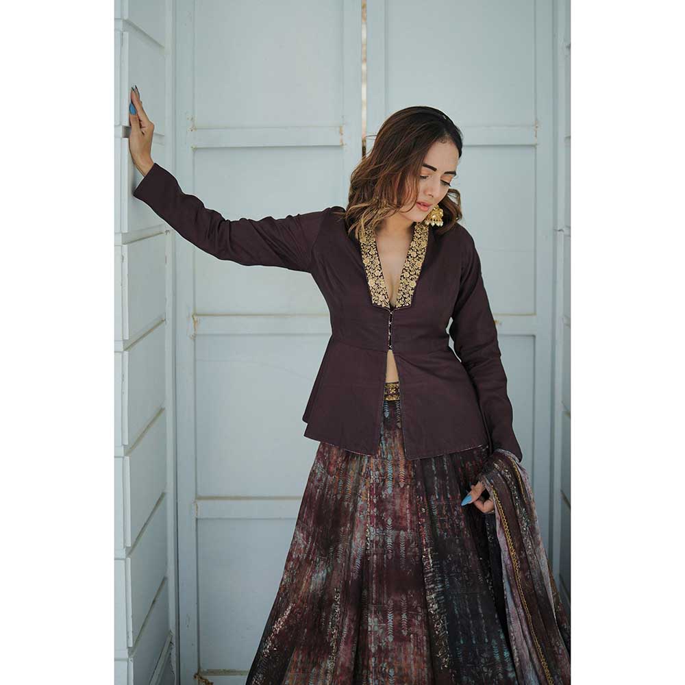 KOSWI Brown Print Embroidered Lehenga with Top and Dupatta (Set of 3)
