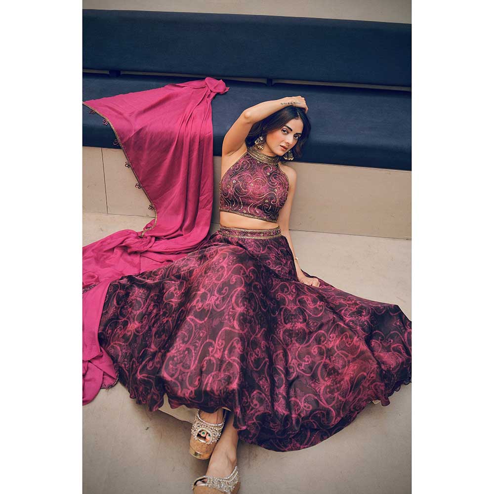 KOSWI Pink Cherry Print Embroidered Lehenga with Blouse and Dupatta (Set of 3)