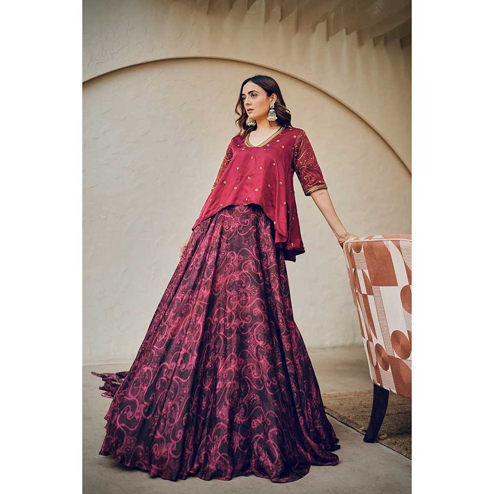 KOSWI Pink Cherry Print Embroidered Lehenga with Top and Dupatta (Set of 3)