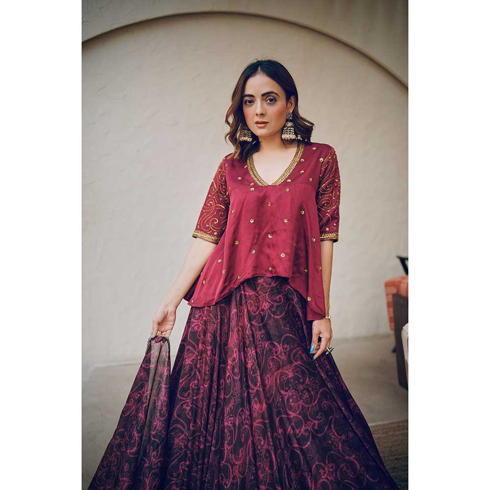 KOSWI Pink Cherry Print Embroidered Lehenga with Top and Dupatta (Set of 3)