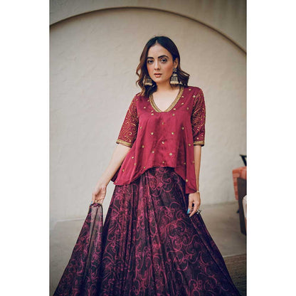 KOSWI Pink Cherry Print Embroidered Lehenga with Top and Dupatta (Set of 3)