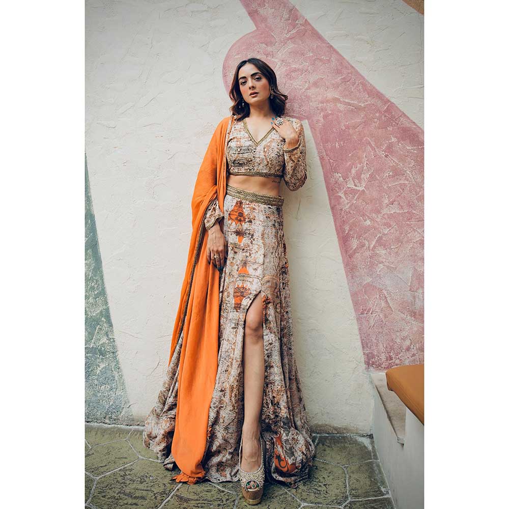 KOSWI Orange Print Embroidered Lehenga with Blouse and Dupatta (Set of 3)