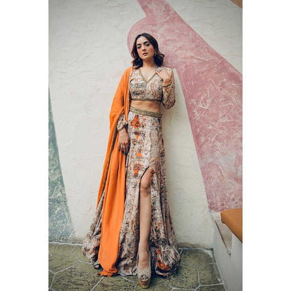 KOSWI Orange Print Embroidered Lehenga with Blouse and Dupatta (Set of 3)