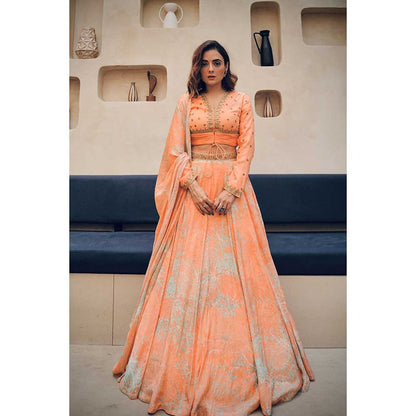 KOSWI Peach Print Embroidered Lehenga with Blouse and Dupatta (Set of 3)