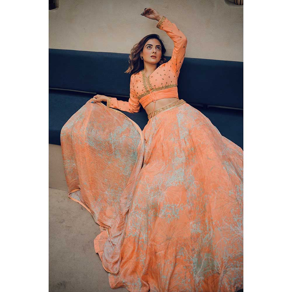 KOSWI Peach Print Embroidered Lehenga with Blouse and Dupatta (Set of 3)