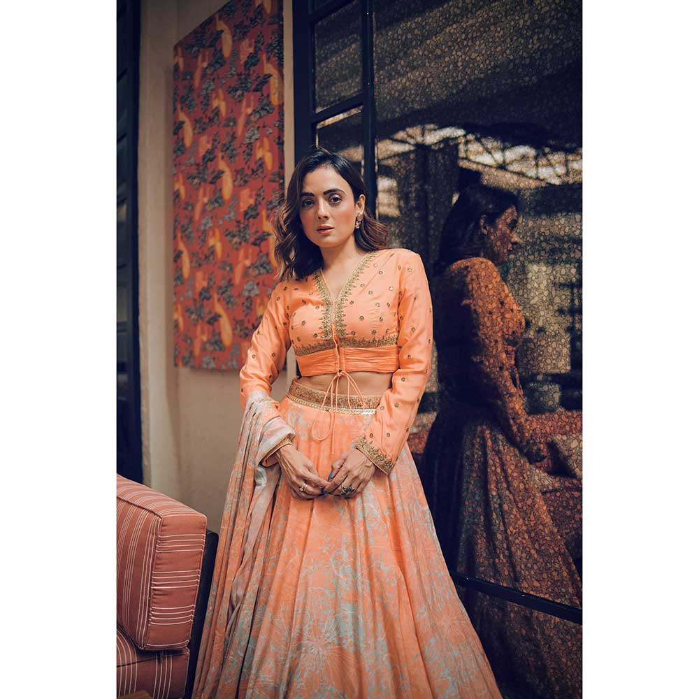 KOSWI Peach Print Embroidered Lehenga with Blouse and Dupatta (Set of 3)