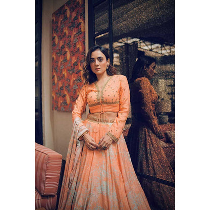 KOSWI Peach Print Embroidered Lehenga with Blouse and Dupatta (Set of 3)