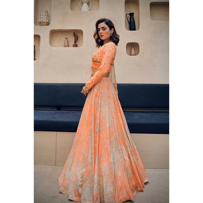 KOSWI Peach Print Embroidered Lehenga with Blouse and Dupatta (Set of 3)