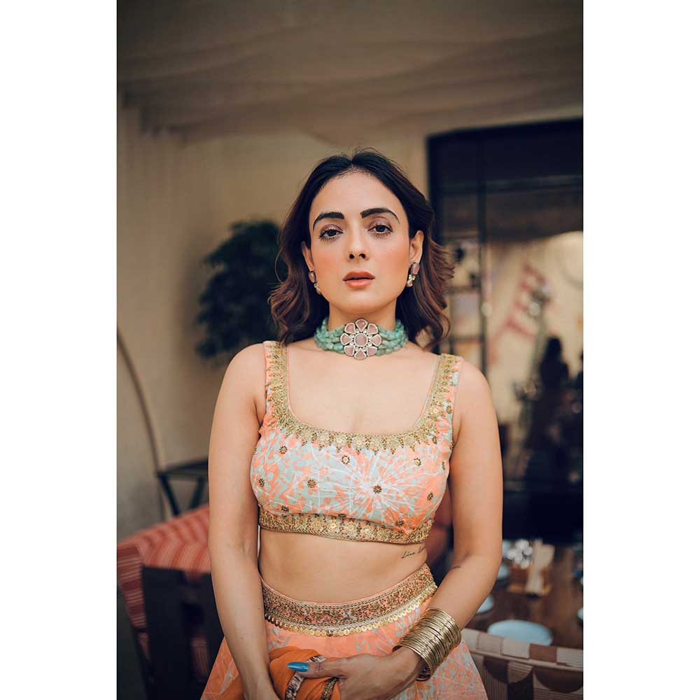 KOSWI Peach Print Embroidered Lehenga with Blouse and Dupatta (Set of 3)