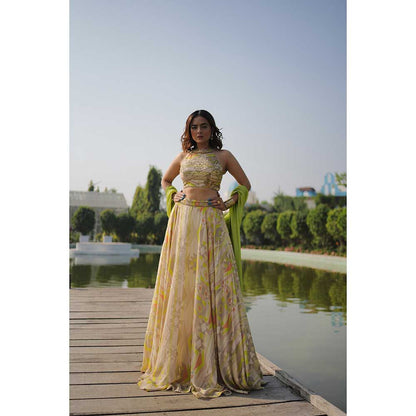 KOSWI Lime Green Embroidered Print Lehenga with Blouse and Dupatta (Set of 3)
