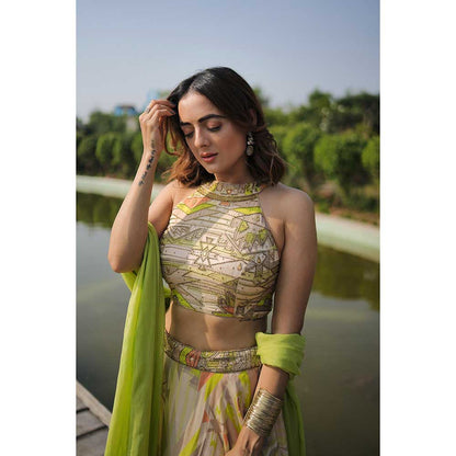 KOSWI Lime Green Embroidered Print Lehenga with Blouse and Dupatta (Set of 3)