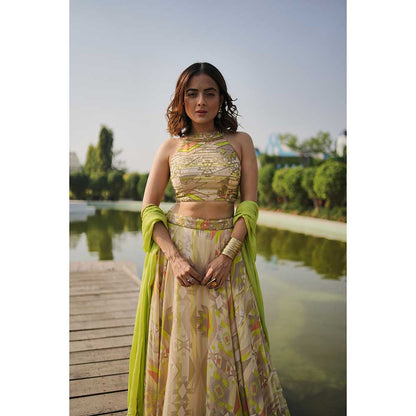 KOSWI Lime Green Embroidered Print Lehenga with Blouse and Dupatta (Set of 3)