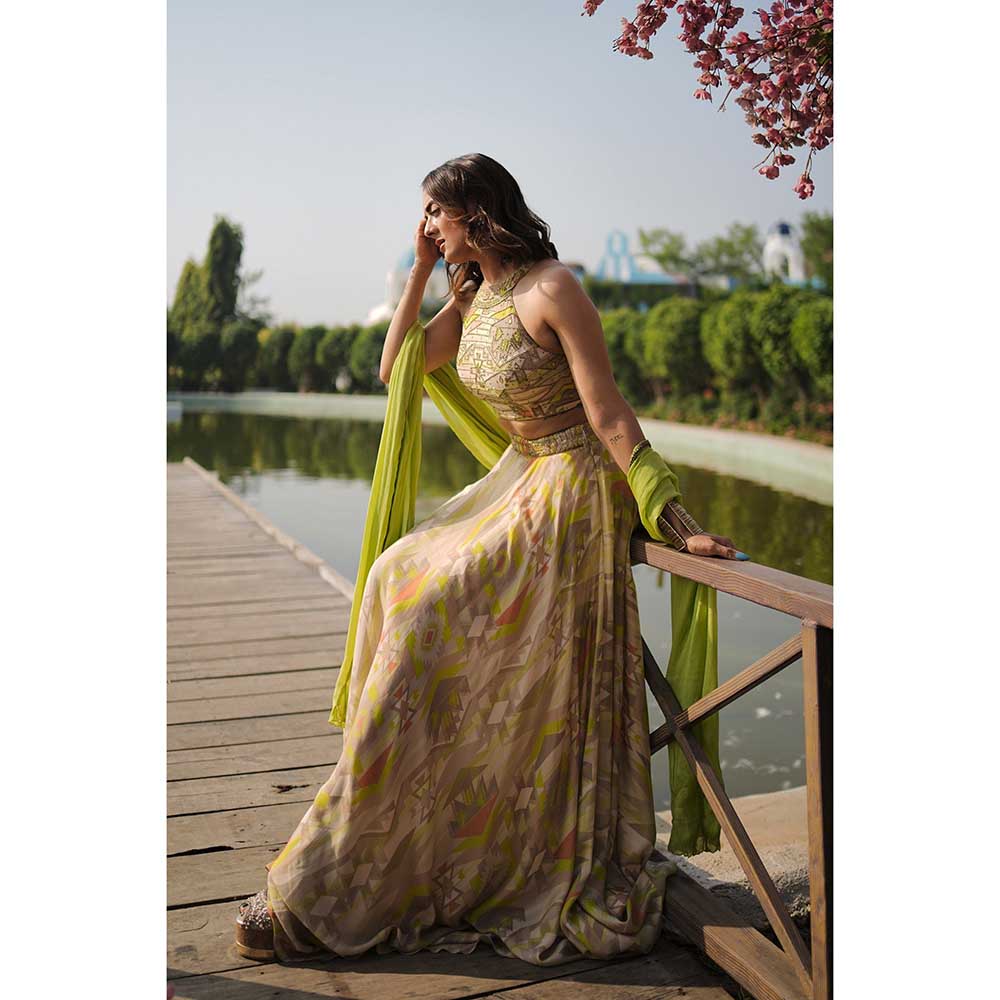 KOSWI Lime Green Embroidered Print Lehenga with Blouse and Dupatta (Set of 3)
