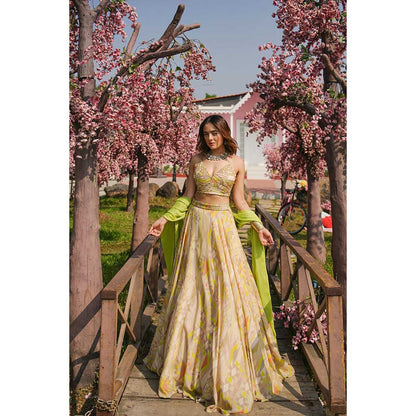 KOSWI Lime Green Embroidered Print Lehenga with Blouse and Dupatta (Set of 3)
