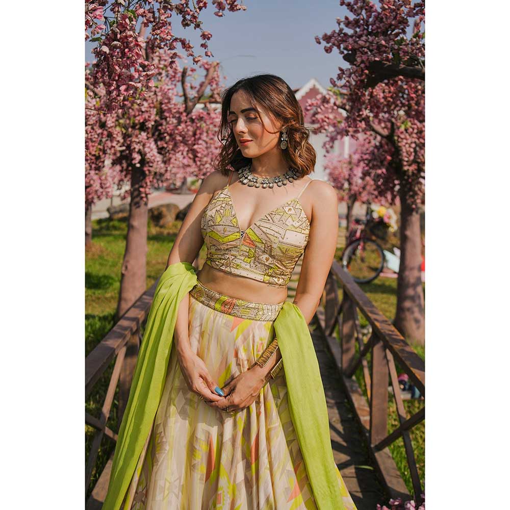 KOSWI Lime Green Embroidered Print Lehenga with Blouse and Dupatta (Set of 3)