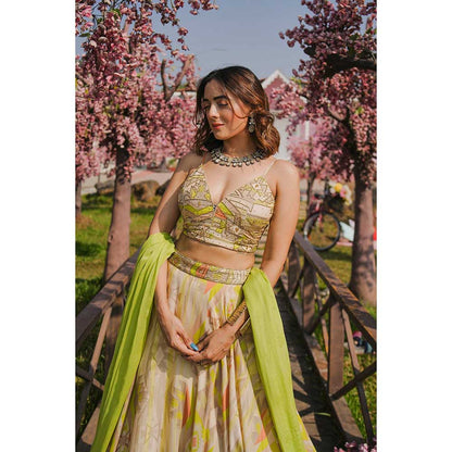 KOSWI Lime Green Embroidered Print Lehenga with Blouse and Dupatta (Set of 3)