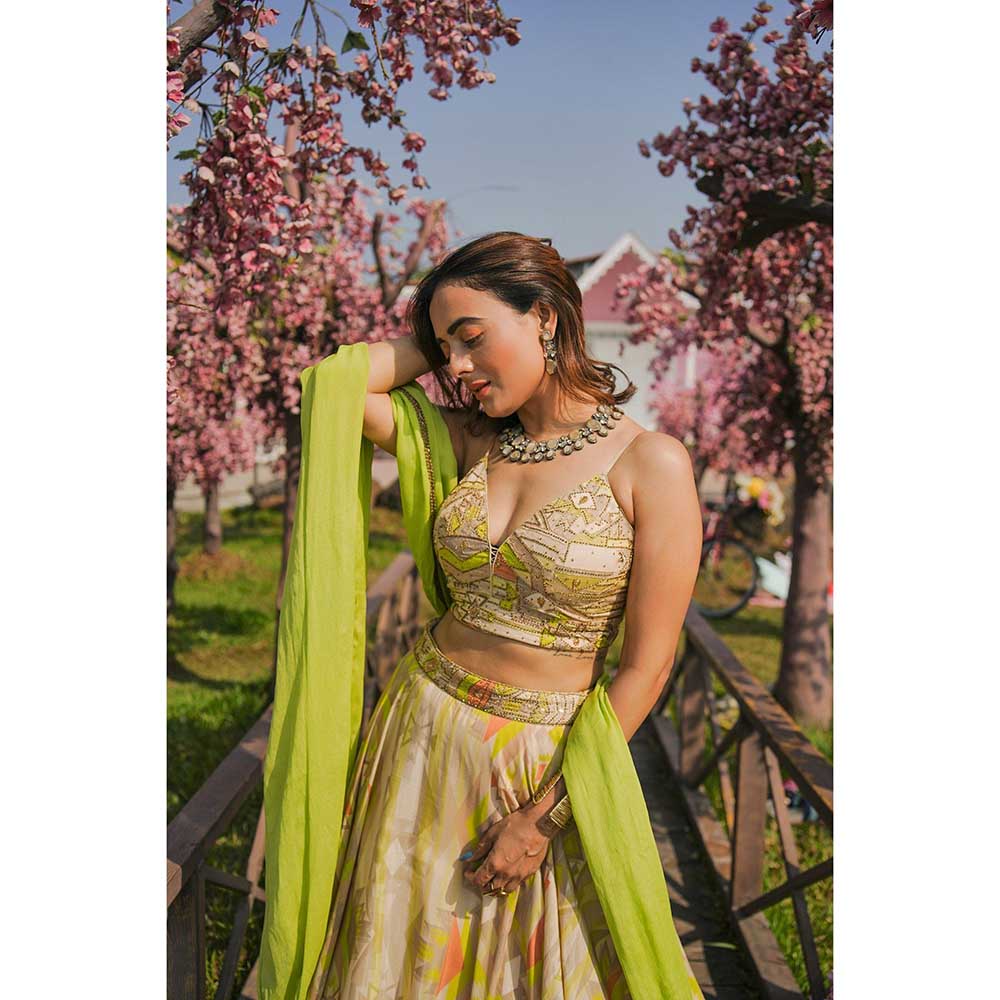 KOSWI Lime Green Embroidered Print Lehenga with Blouse and Dupatta (Set of 3)