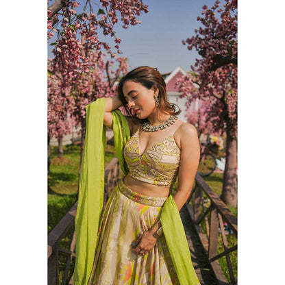 KOSWI Lime Green Embroidered Print Lehenga with Blouse and Dupatta (Set of 3)