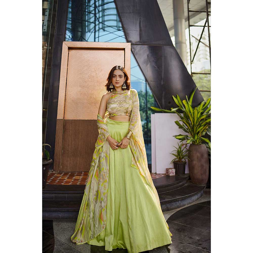 KOSWI Lime Green Embroidered Print Lehenga with Blouse and Cape (Set of 3)