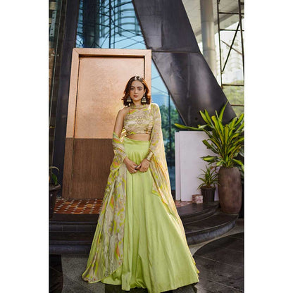 KOSWI Lime Green Embroidered Print Lehenga with Blouse and Cape (Set of 3)