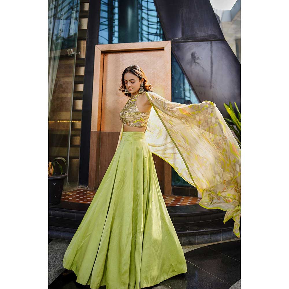 KOSWI Lime Green Embroidered Print Lehenga with Blouse and Cape (Set of 3)