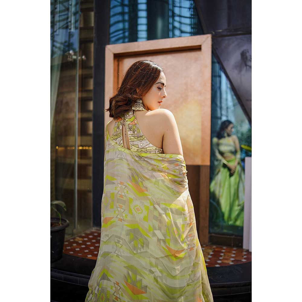 KOSWI Lime Green Embroidered Print Lehenga with Blouse and Cape (Set of 3)