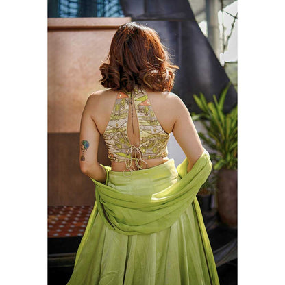 KOSWI Lime Green Embroidered Print Lehenga with Blouse and Cape (Set of 3)