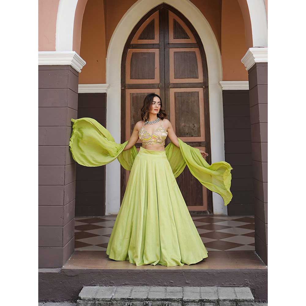 KOSWI Lime Green Embroidered Print Lehenga with Blouse and Dupatta (Set of 3)